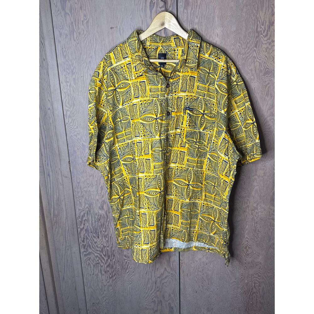 Tanoa Samoa Mustard Yellow Floral Tapa
 Button Down Aloha Shirt Men Size 5XL